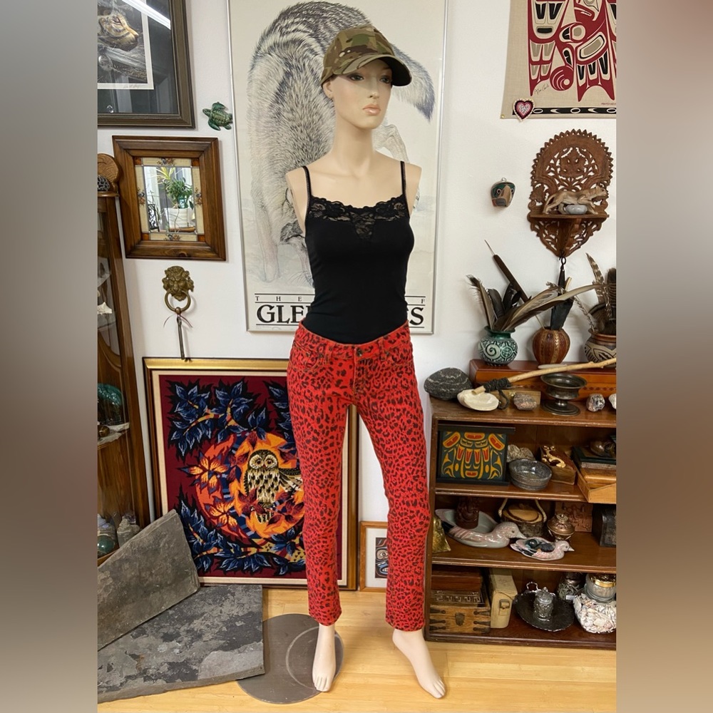 Orangish-Red Skinny Jeans with Black Leopard Spots